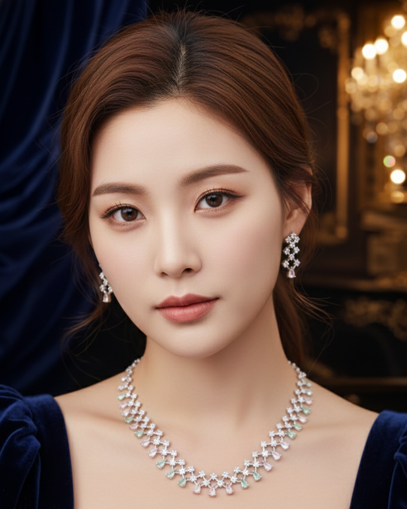 Celeste Pastel Drop Diamond Necklace Set – Elegant Emerald & Blush Bridal Jewelry
