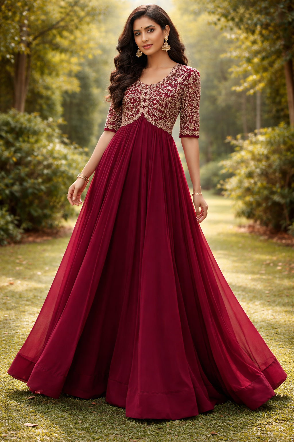 Royal Maroon Embroidered Anarkali Gown with Gold Detailing