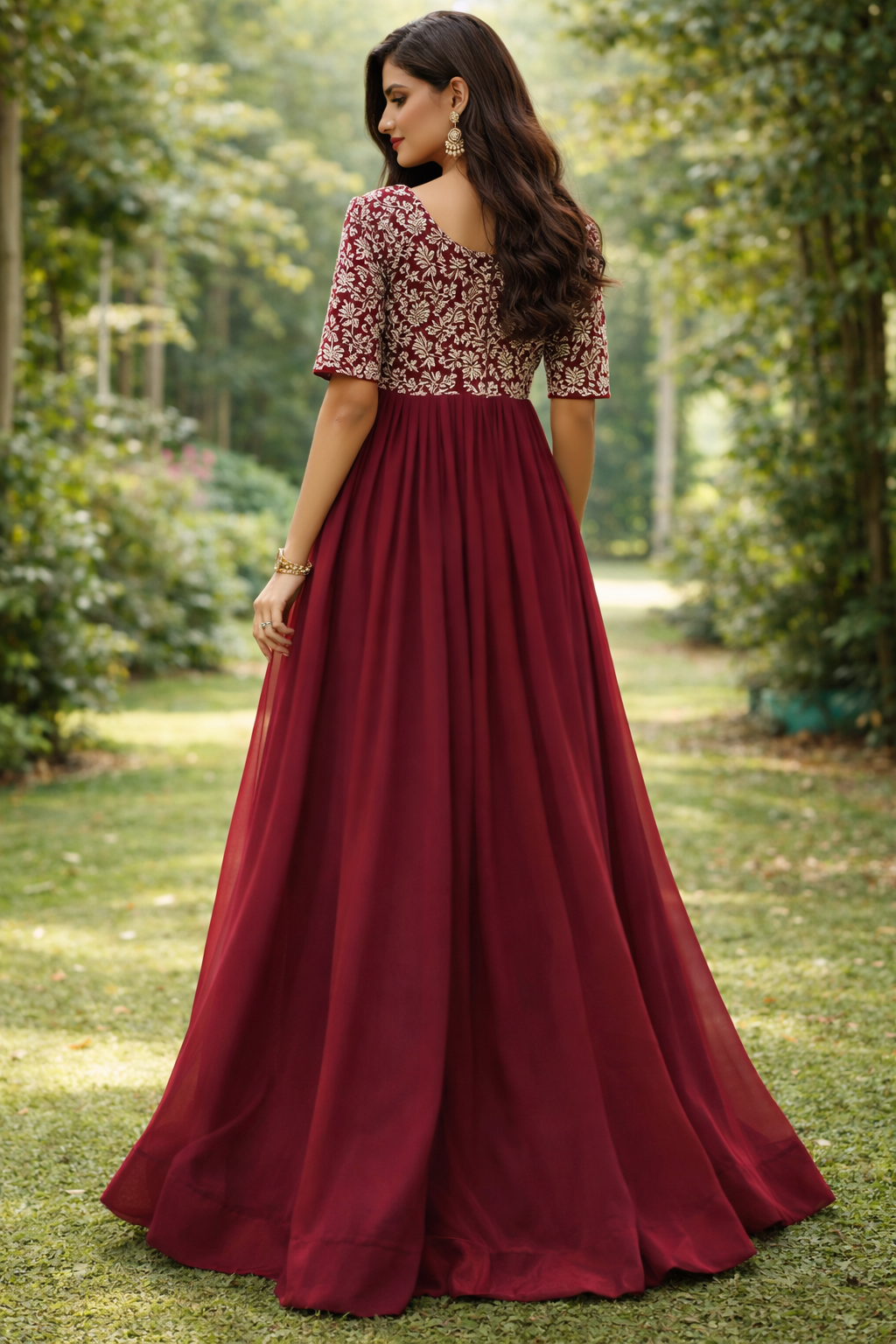 Royal Maroon Embroidered Anarkali Gown with Gold Detailing