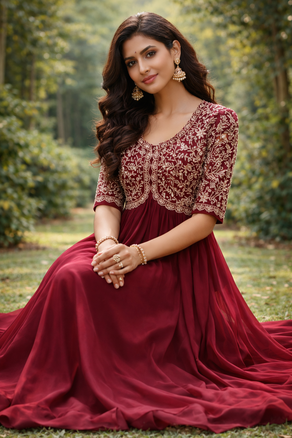 Royal Maroon Embroidered Anarkali Gown with Gold Detailing