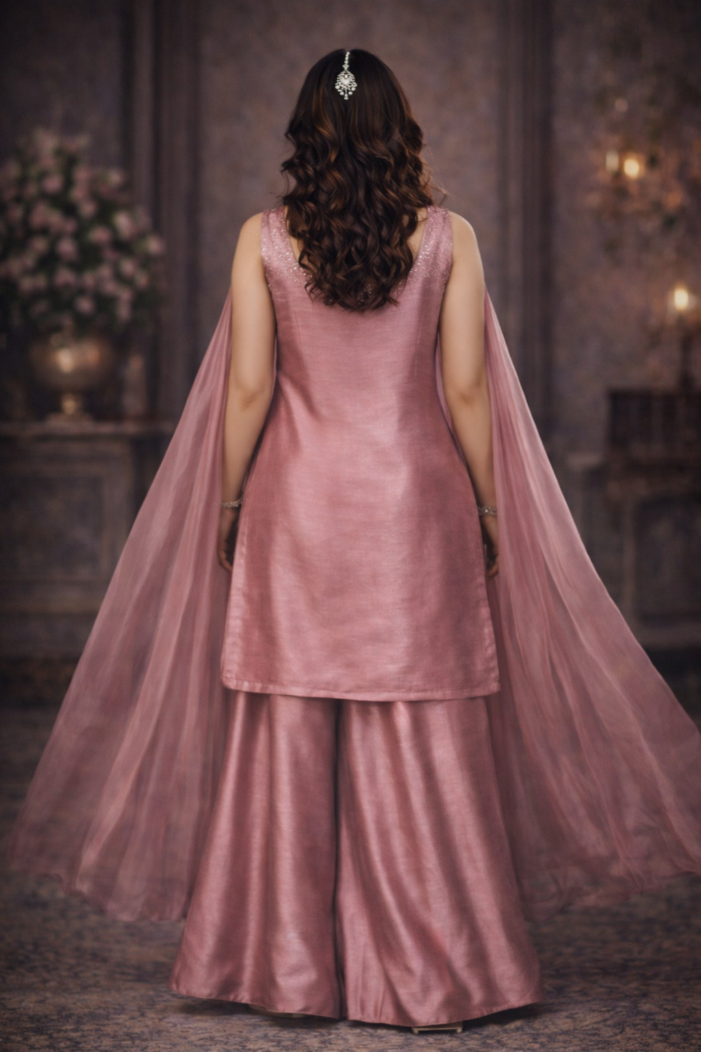 Rose Pink Designer Palazzo Set with Net Dupatta