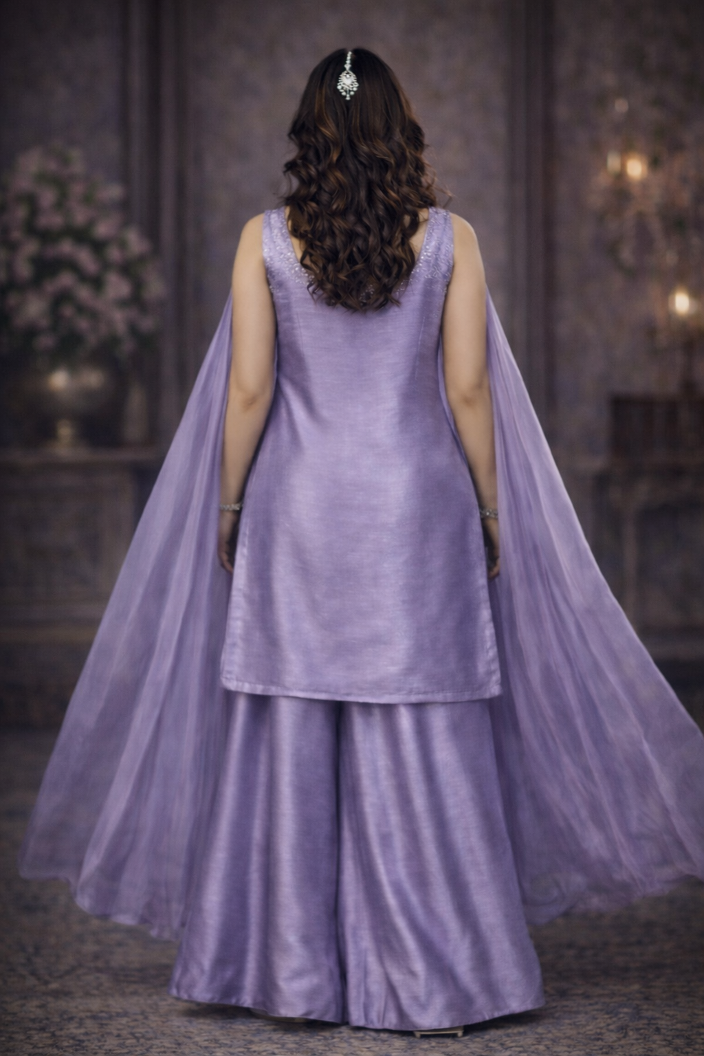 Lavender Designer Palazzo Set with Net Dupatta