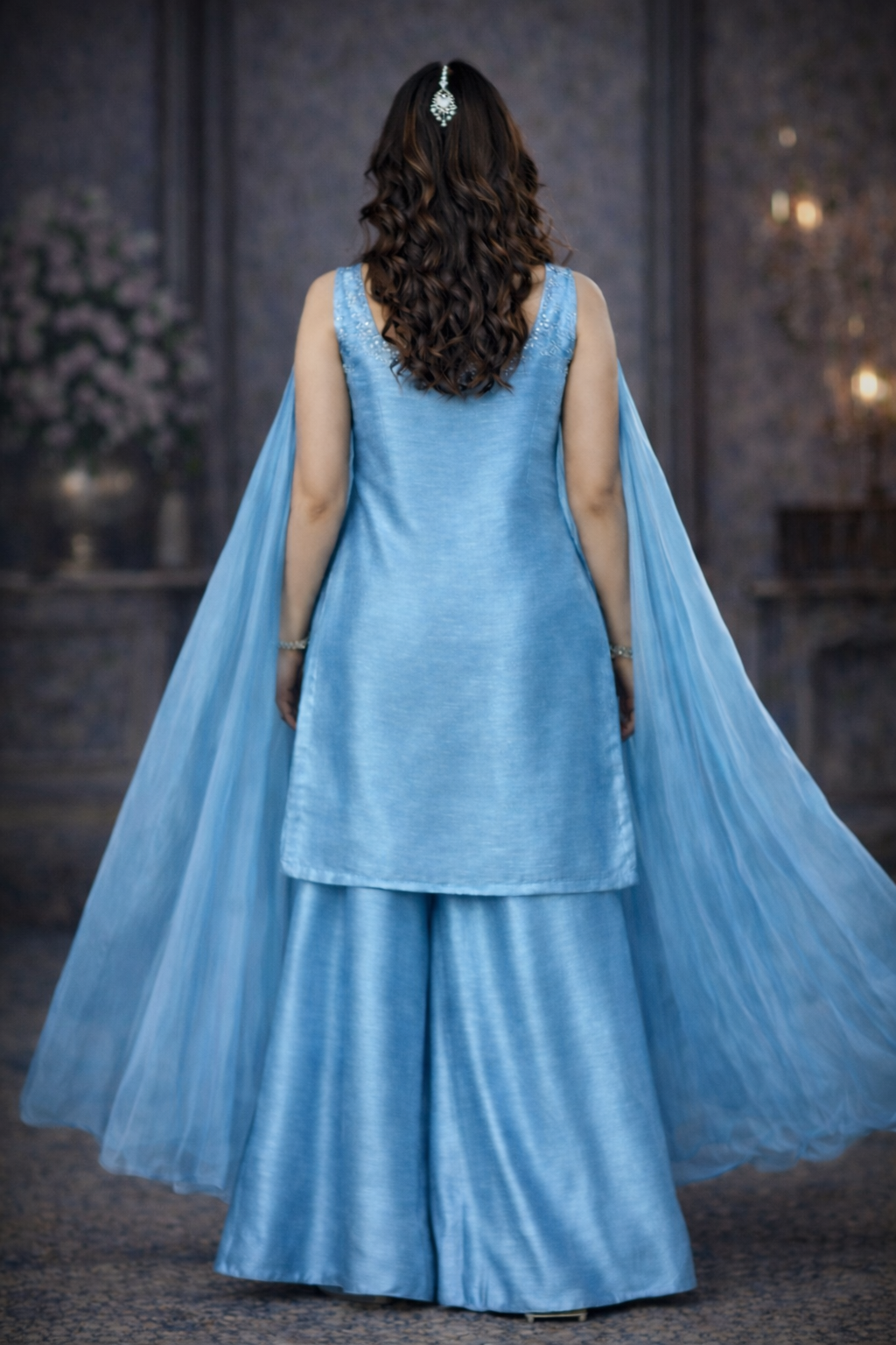 Sky Blue Designer Palazzo Set with Net Dupatta