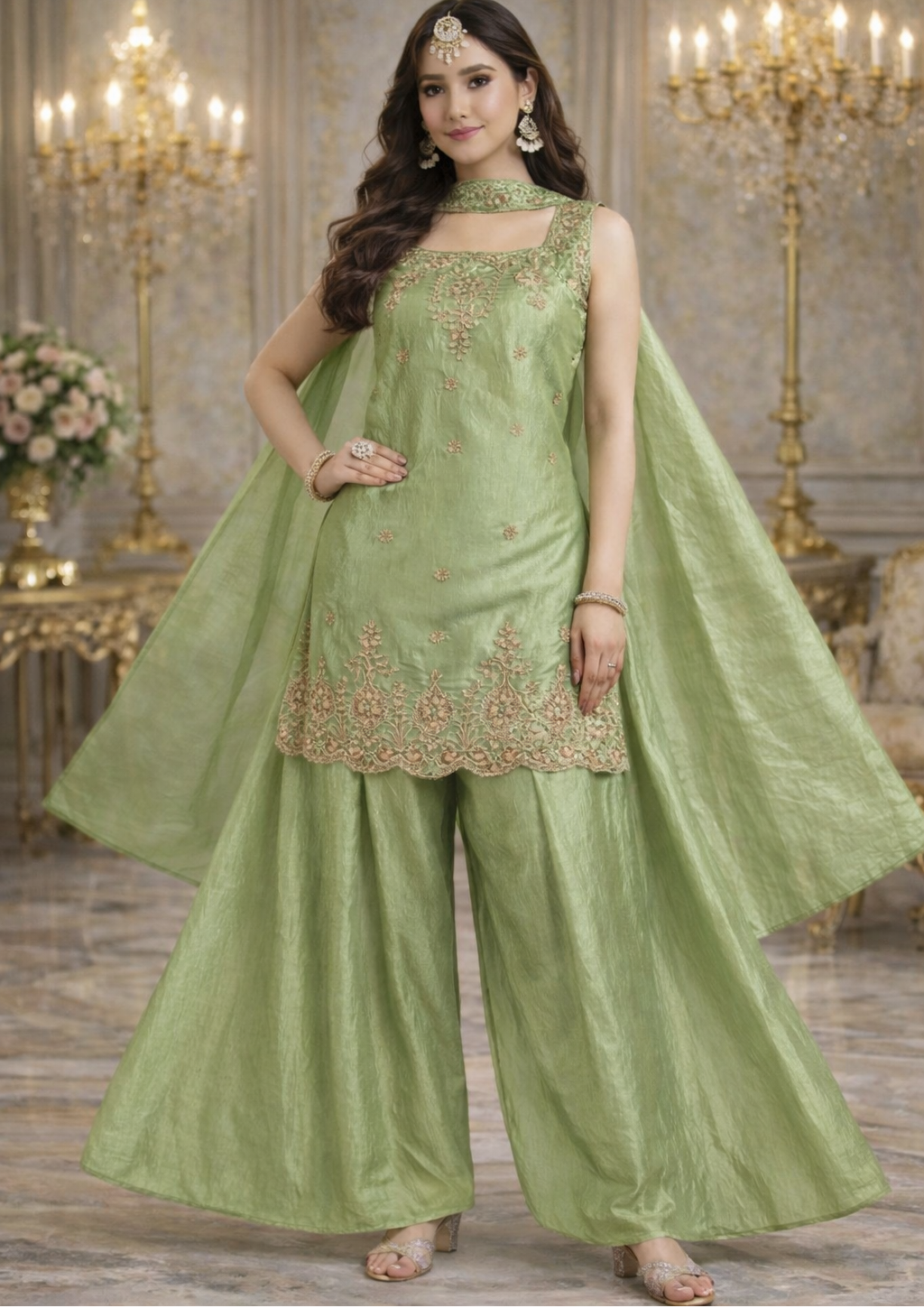Pistachio Green Designer Palazzo Set with Organza Dupatta