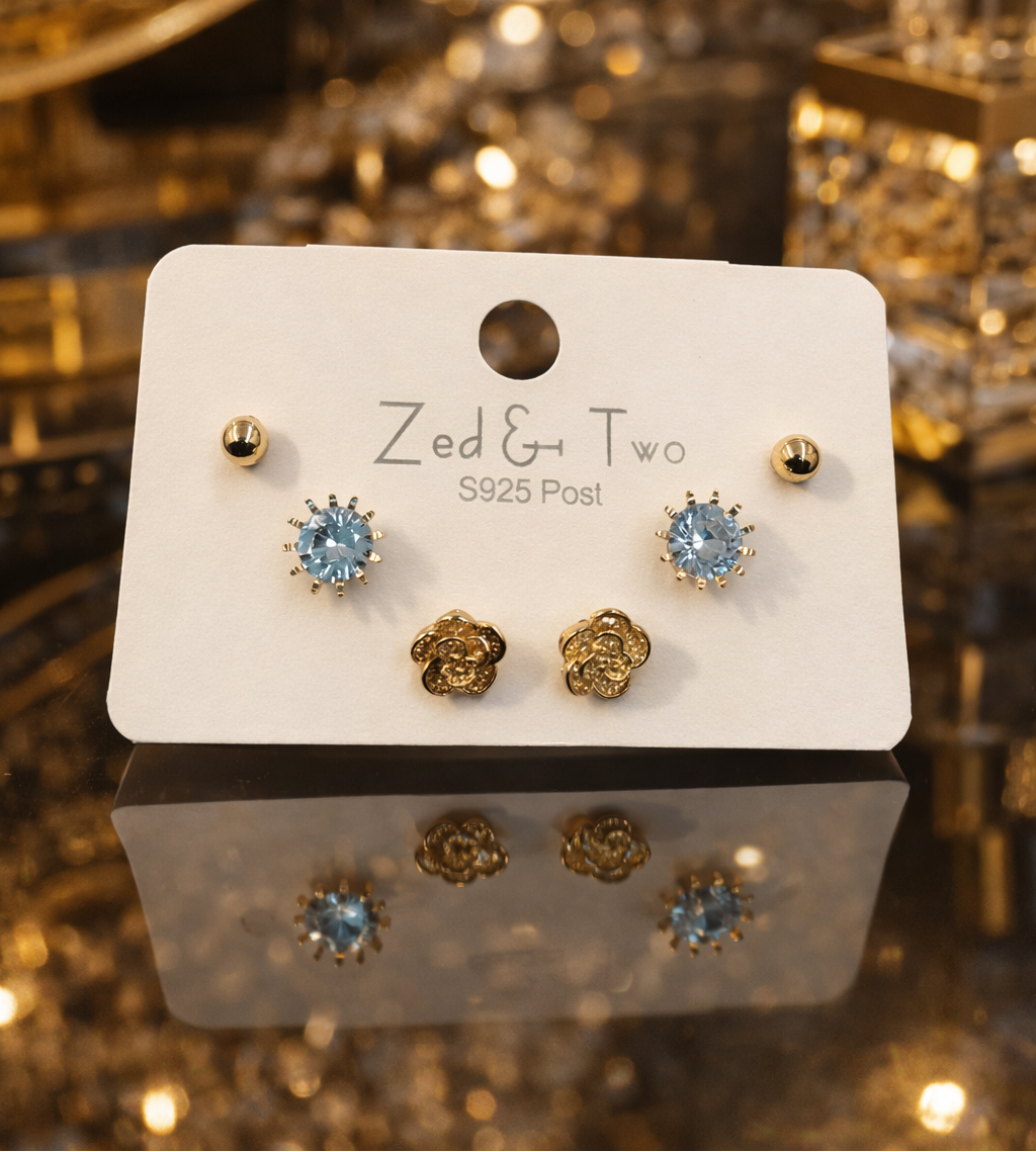 Elegant Trio Gold & Blue Crystal Stud Earring Set (3 Pairs)