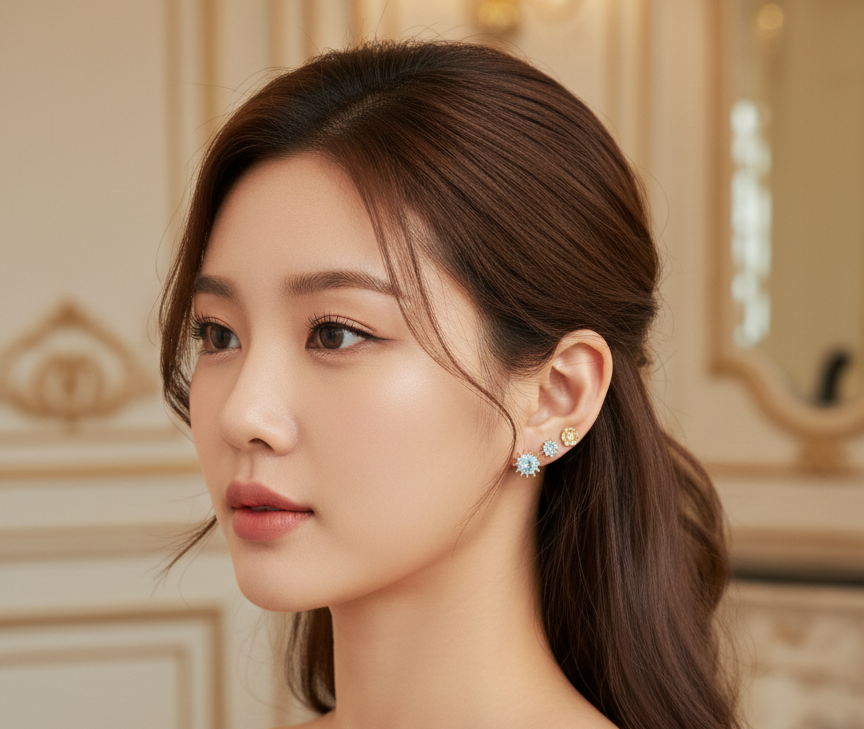 Elegant Trio Gold & Blue Crystal Stud Earring Set (3 Pairs)