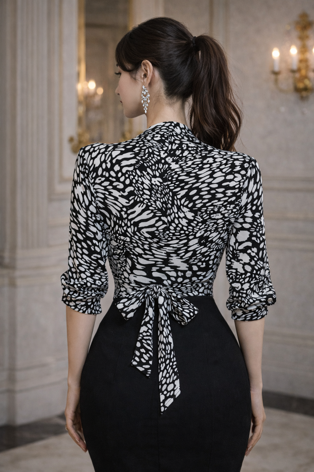 Black & White Abstract Wrap-Style Top
