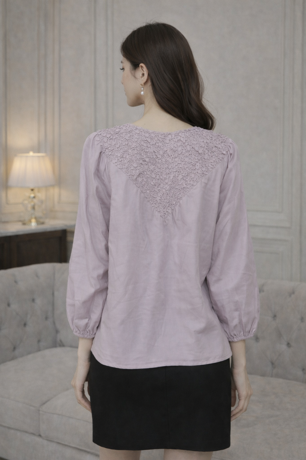 Elegant Lavender Embroidered V RUCHED Top