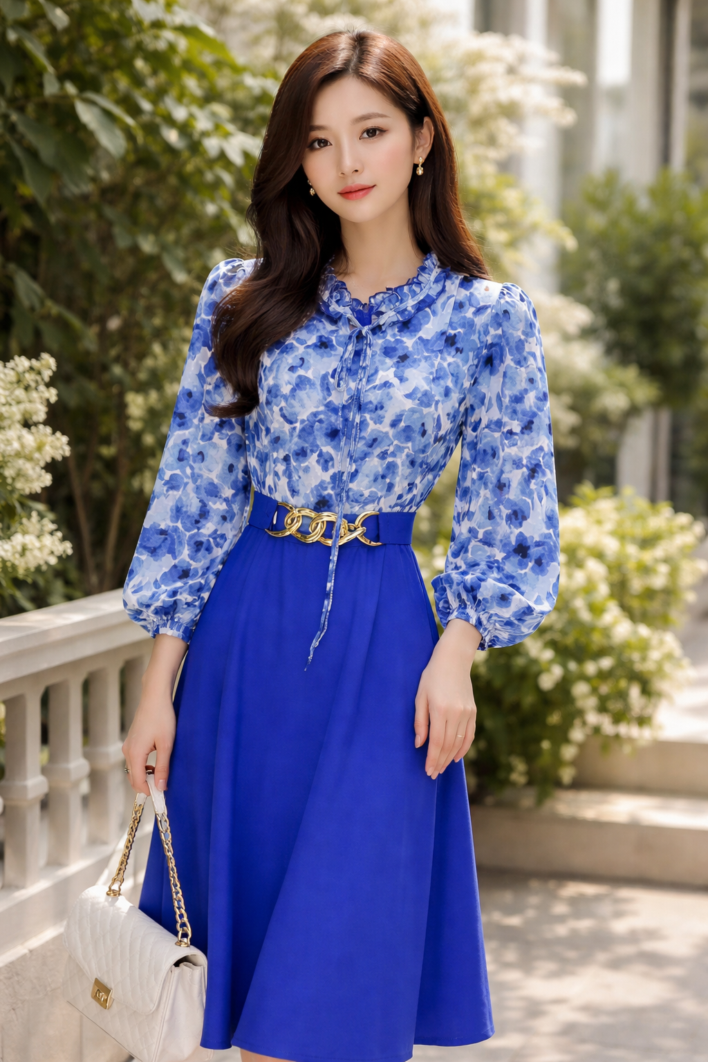 Sora Blue Floral Belted Midi Dress