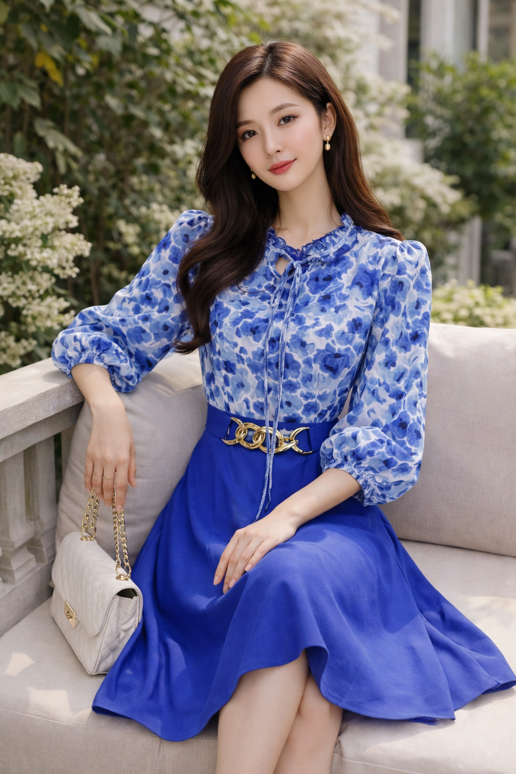 Sora Blue Floral Belted Midi Dress
