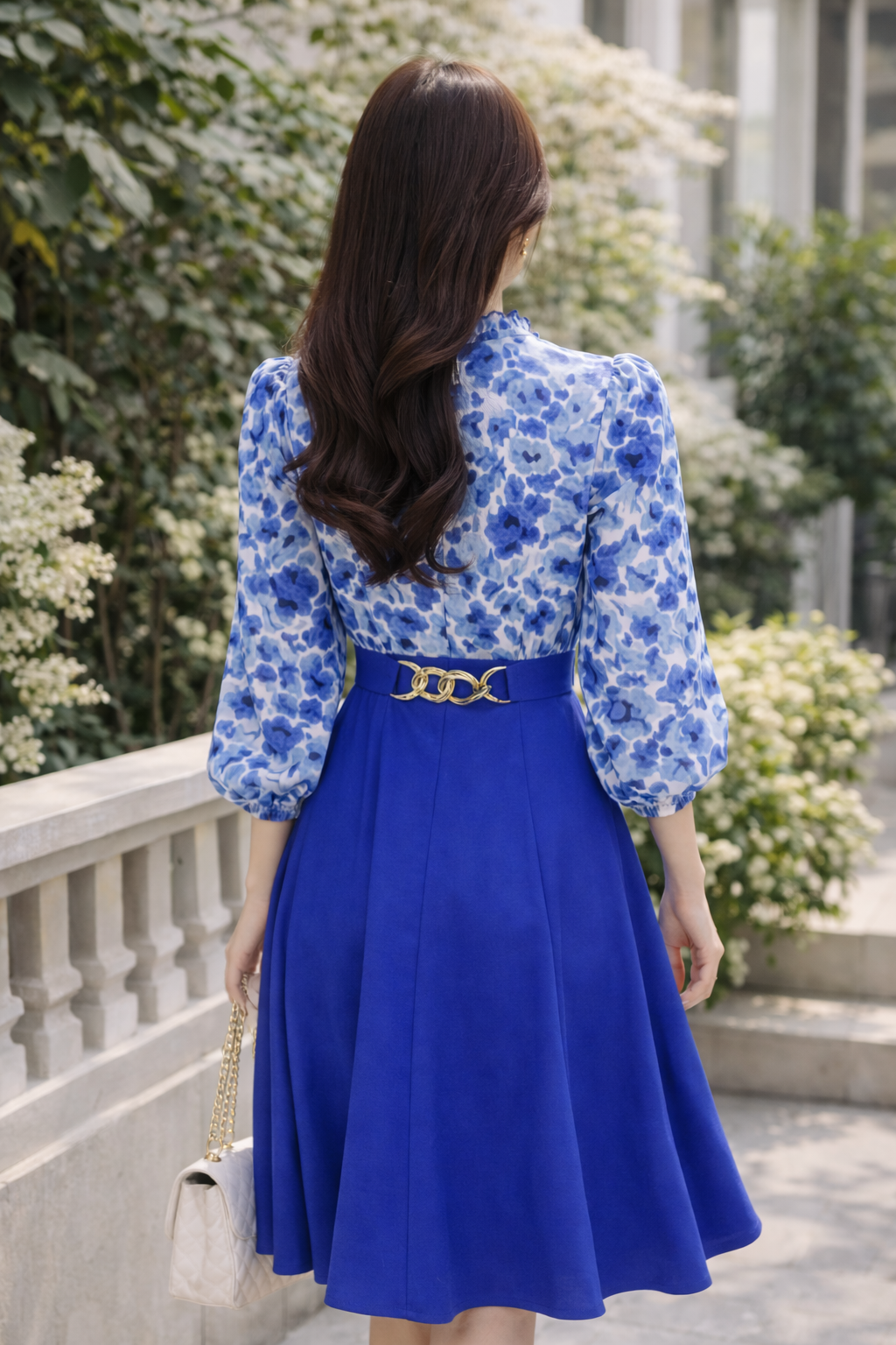 Sora Blue Floral Belted Midi Dress