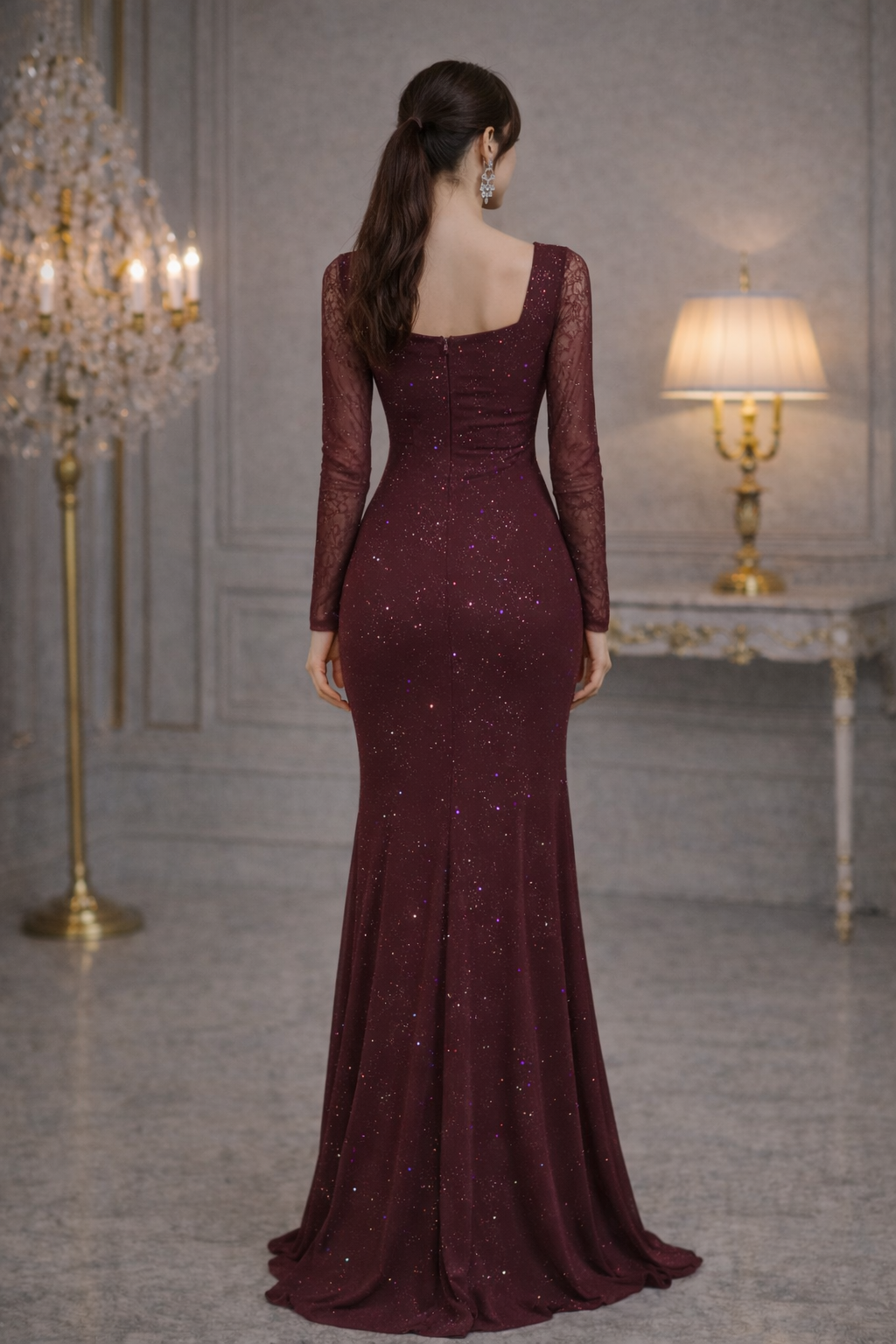 Wine Shimmer Starlight Lace Sleeve Evening Gown
