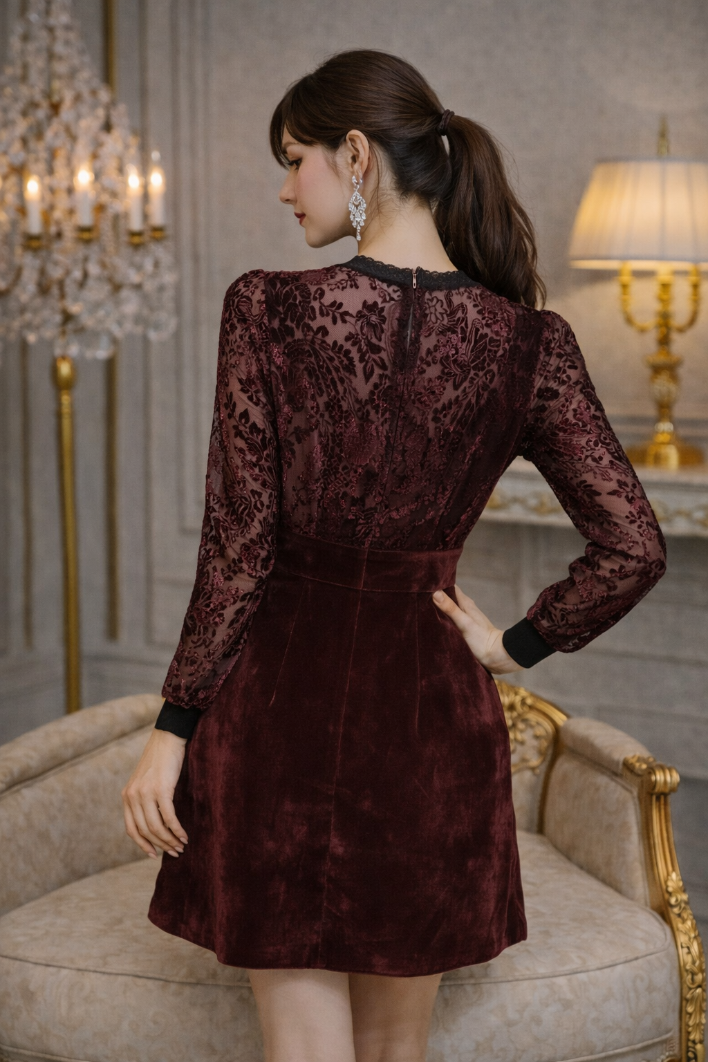 Wine Velvet Lace Sleeve Party Dress