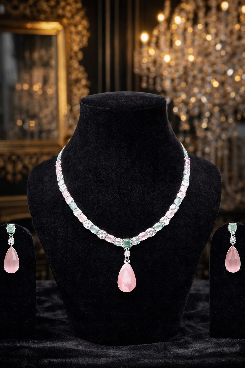 Rose Quartz & Mint Emerald Teardrop Necklace Set – Luxury Korean-Inspired Elegance