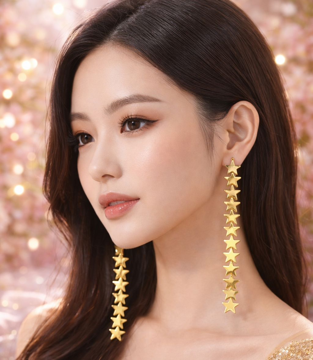 Golden Star Drop Earrings – Elegant Long Chain Statement Jewelry for Women