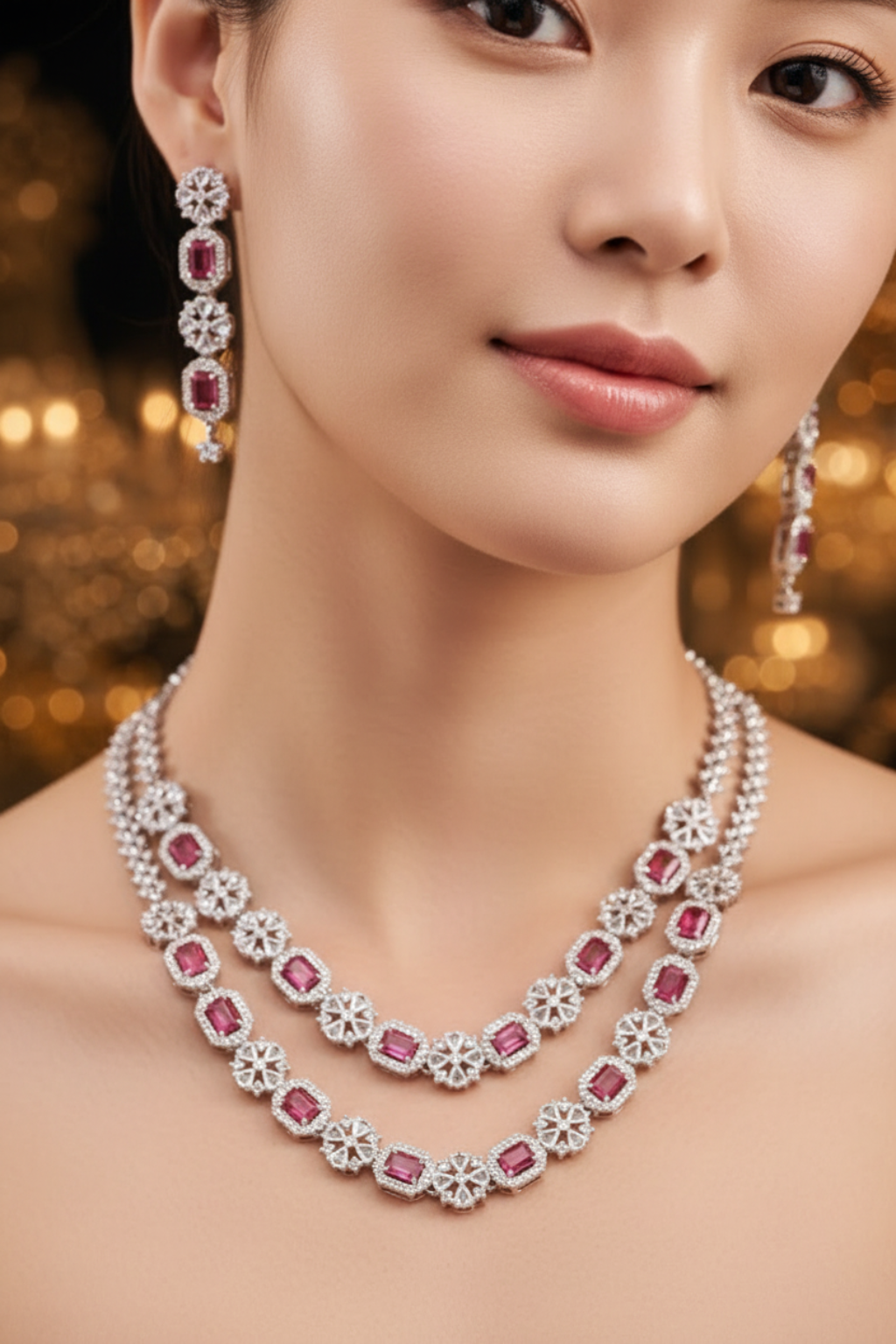 Royal Ruby Double-Layer Necklace Set with Matching Earrings – Ultra Luxury Bridal Collection