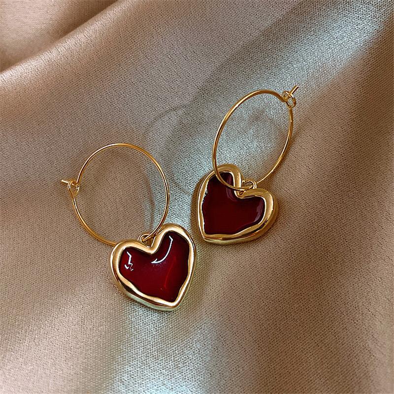 Luxe Heart Drop Earrings – Gold & Ruby Red