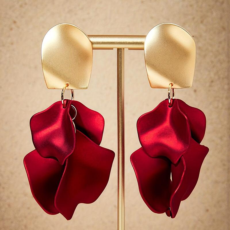 Luxury Red Petal Drop Earrings – Matte Gold Finish