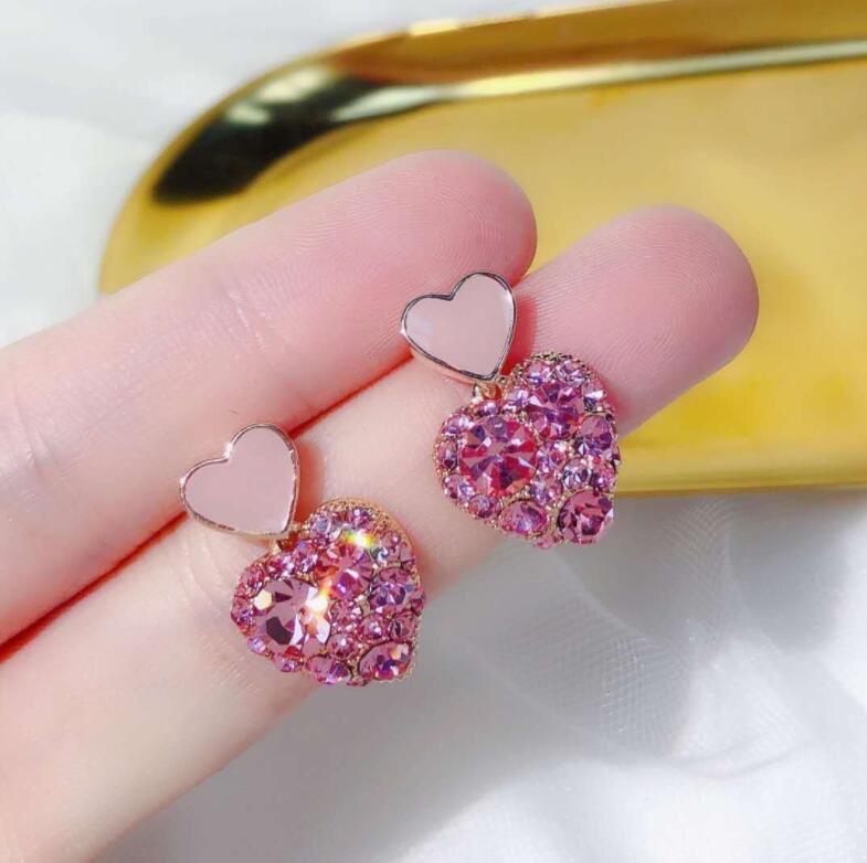 Elegant Gold-Tone Finish Pink Crystal Heart Drop Earrings