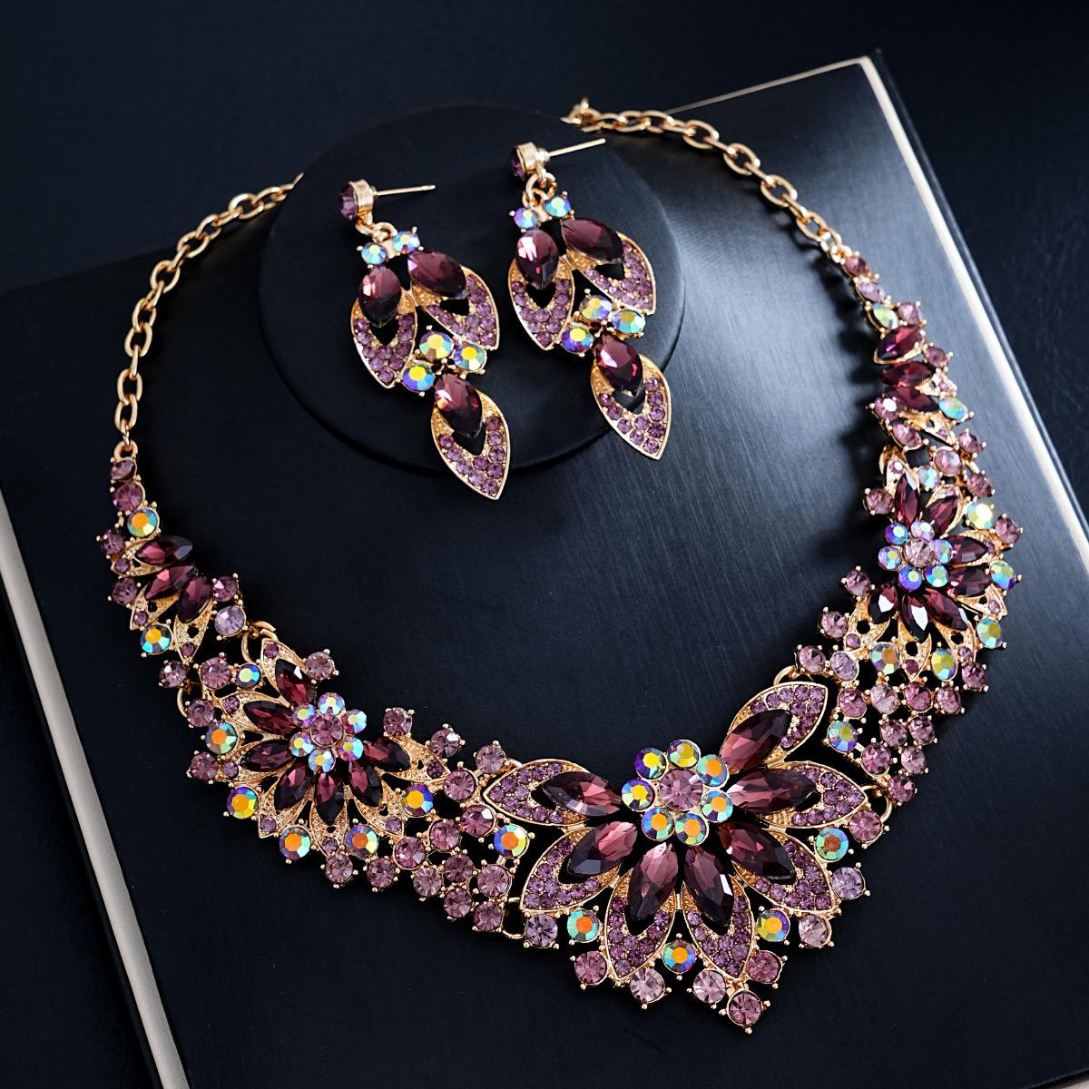 Royal Floral Purple Crystal Necklace Set with Matching Earrings