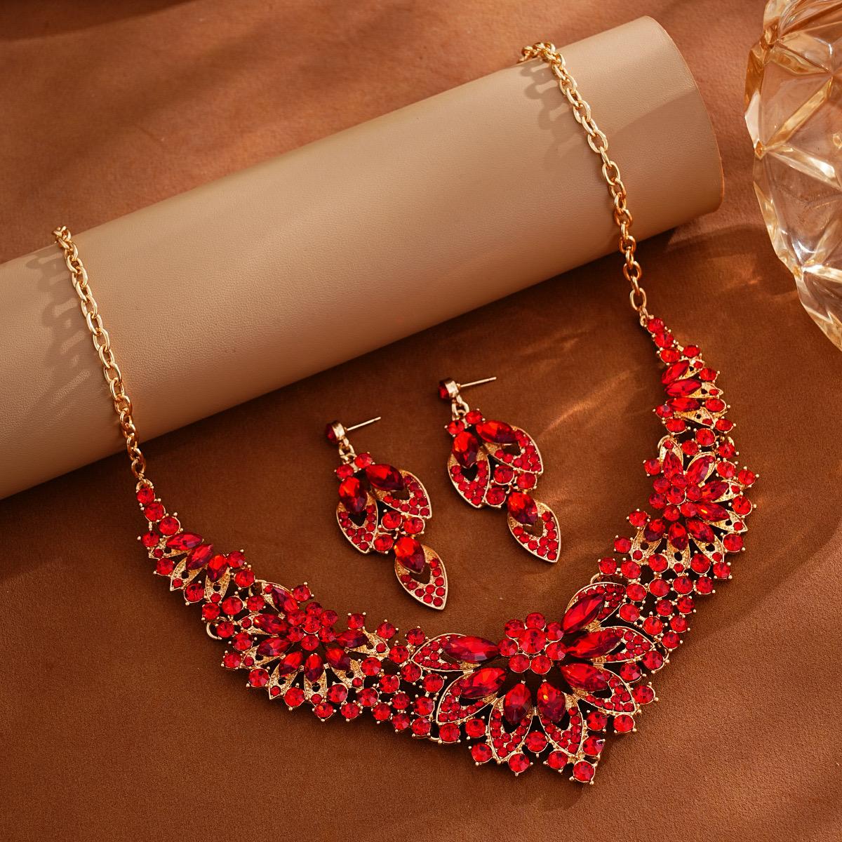 Luxury Gold-Plated Ruby Red Crystal Floral Necklace Set with Earrings