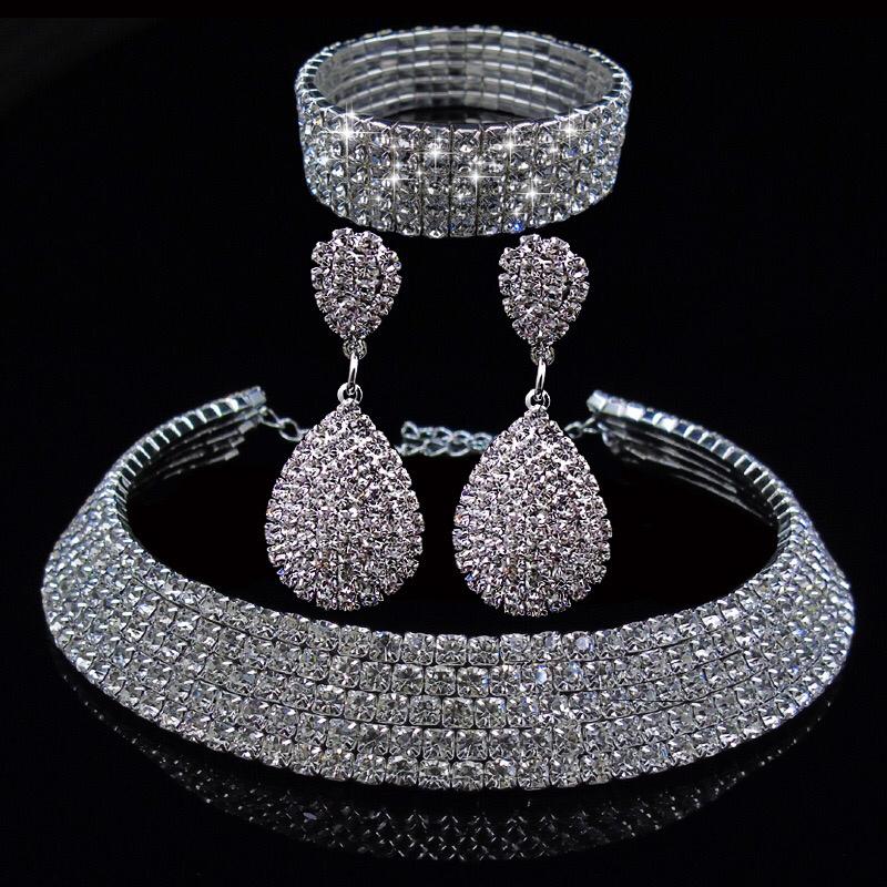 Luxury Crystal Choker Necklace Set with Teardrop Earrings & Bracelet – Luxury Bridal & Party Jewelry