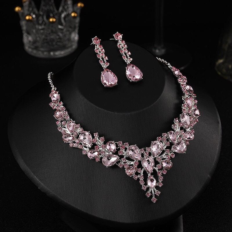 Blush Pink Crystal Luxury Necklace Set with Drop Earrings – Elegant Bridal & Party Jewelry