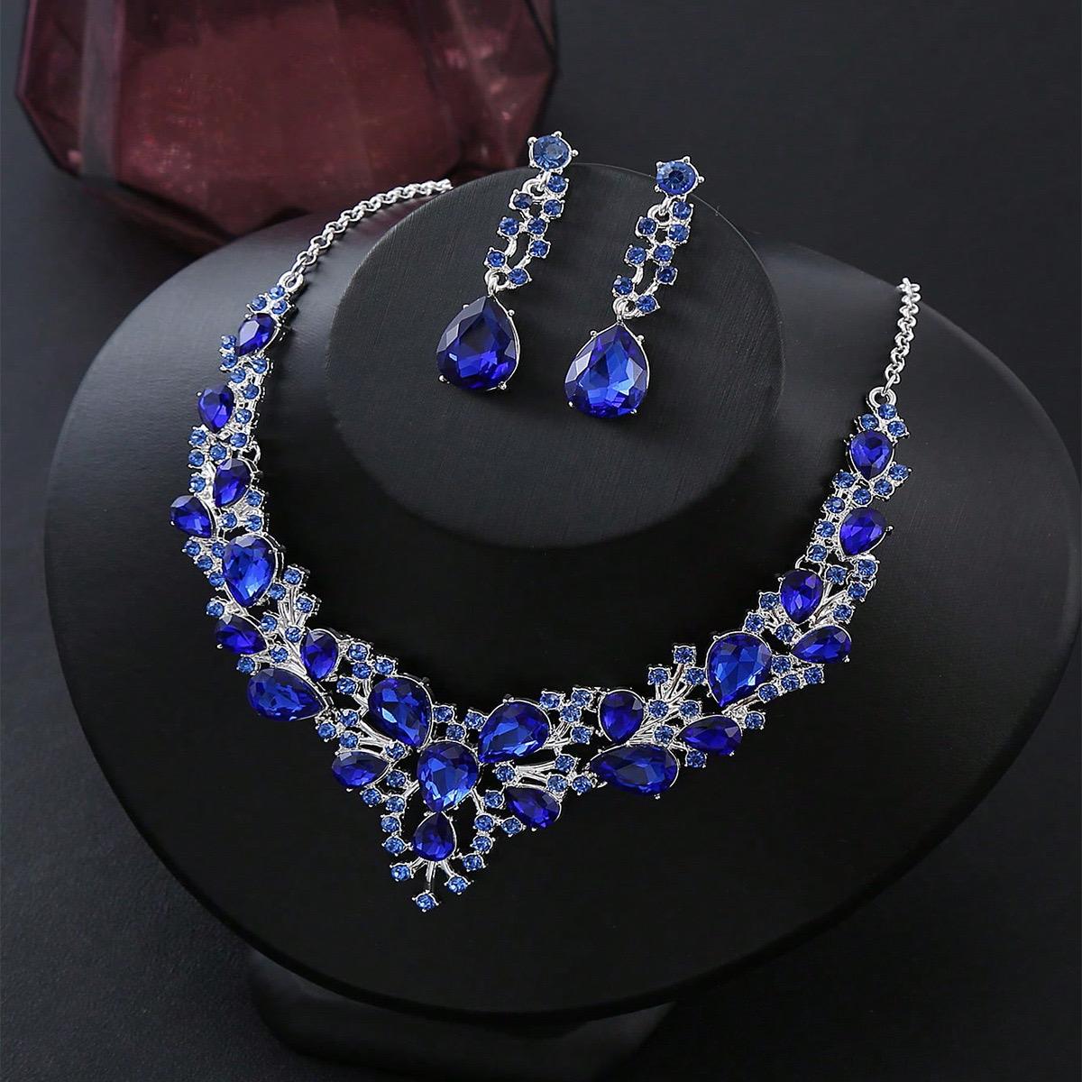 Royal Blue Sapphire Crystal Necklace Set with Drop Earrings – Luxury Bridal & Evening Jewelry