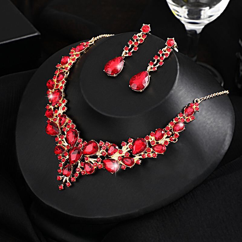Royal Ruby Crystal Statement Necklace Set with Drop Earrings – Luxury Bridal & Party Jewelry