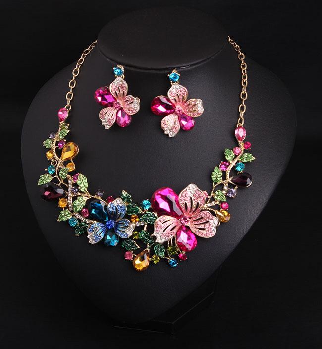 Floral Multicolor Crystal Statement Necklace & Earring Set