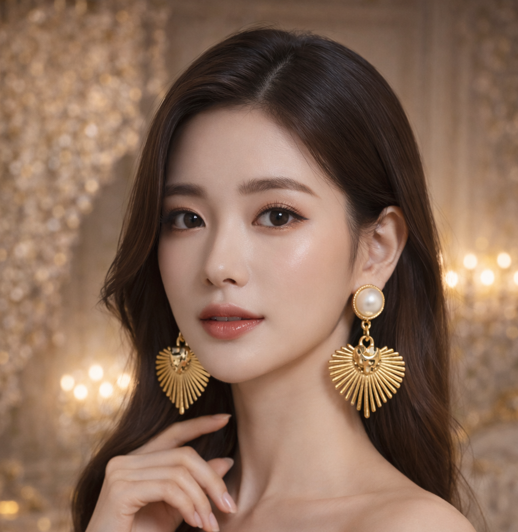 Luxury Pearl & Gold Heart Fan Earrings