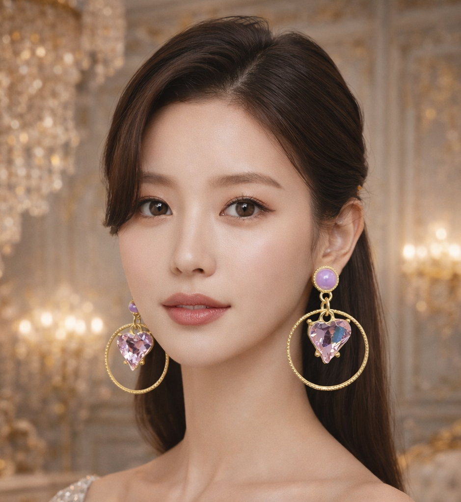 Luxury Pink Heart Crystal Dangle Earrings in Gold Finish
