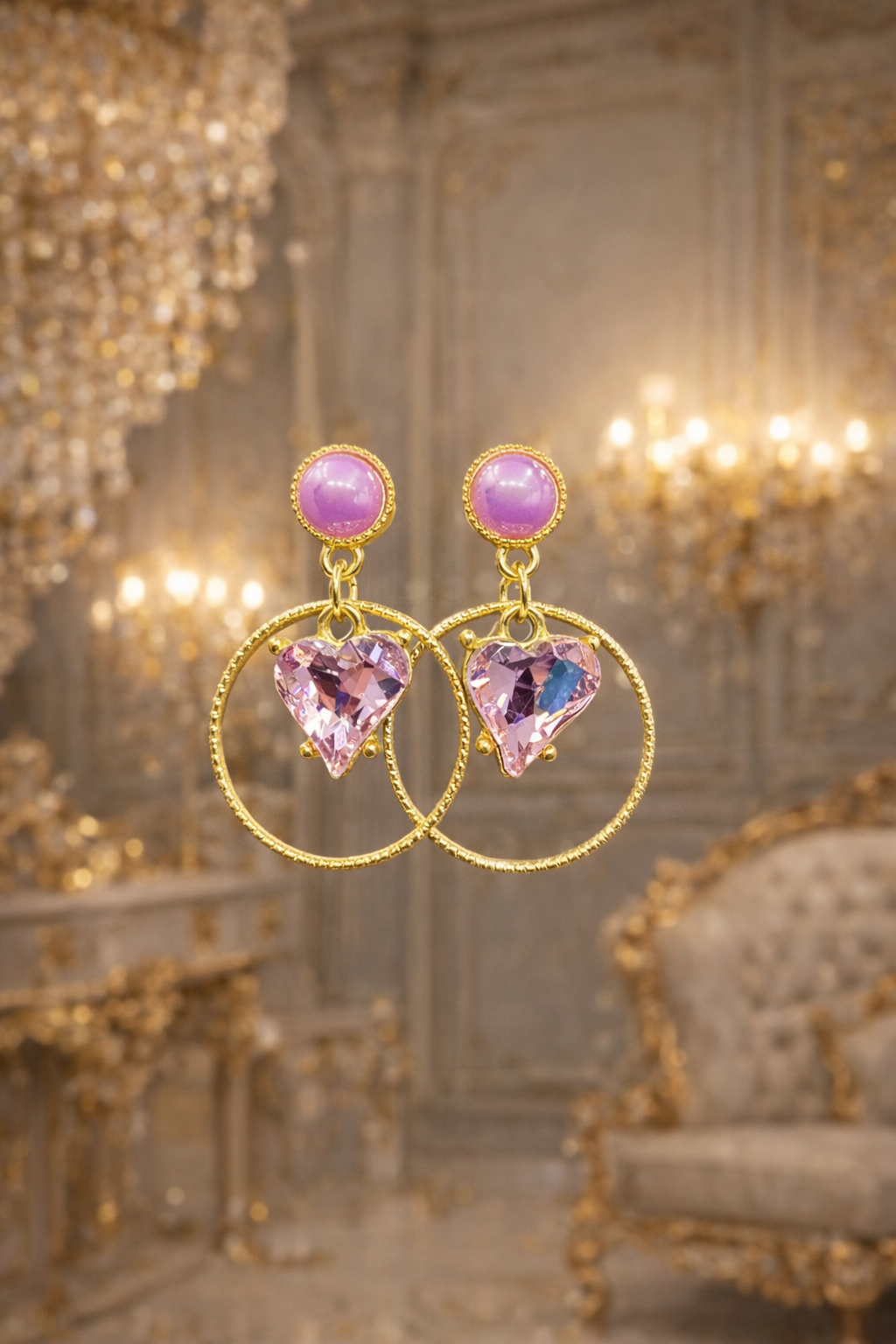 Luxury Pink Heart Crystal Dangle Earrings in Gold Finish