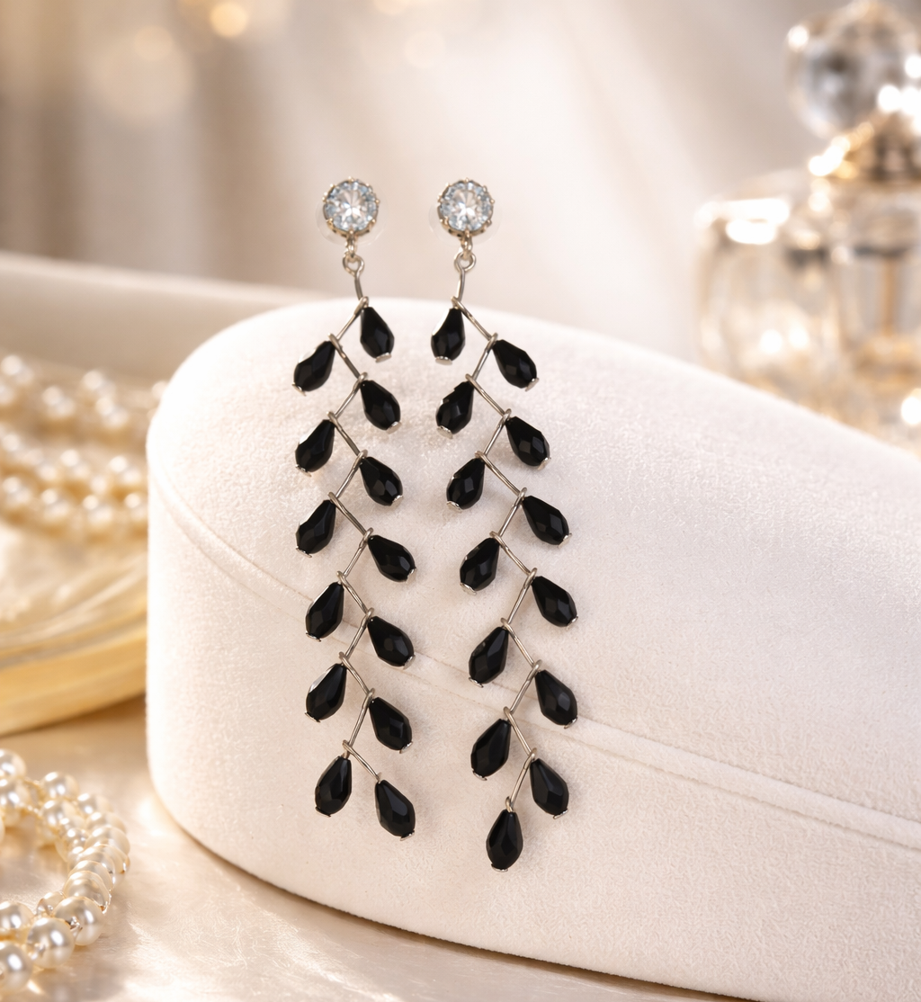 Midnight Cascade Crystal Drop Earrings – Elegant Black Teardrop Statement Jewelry