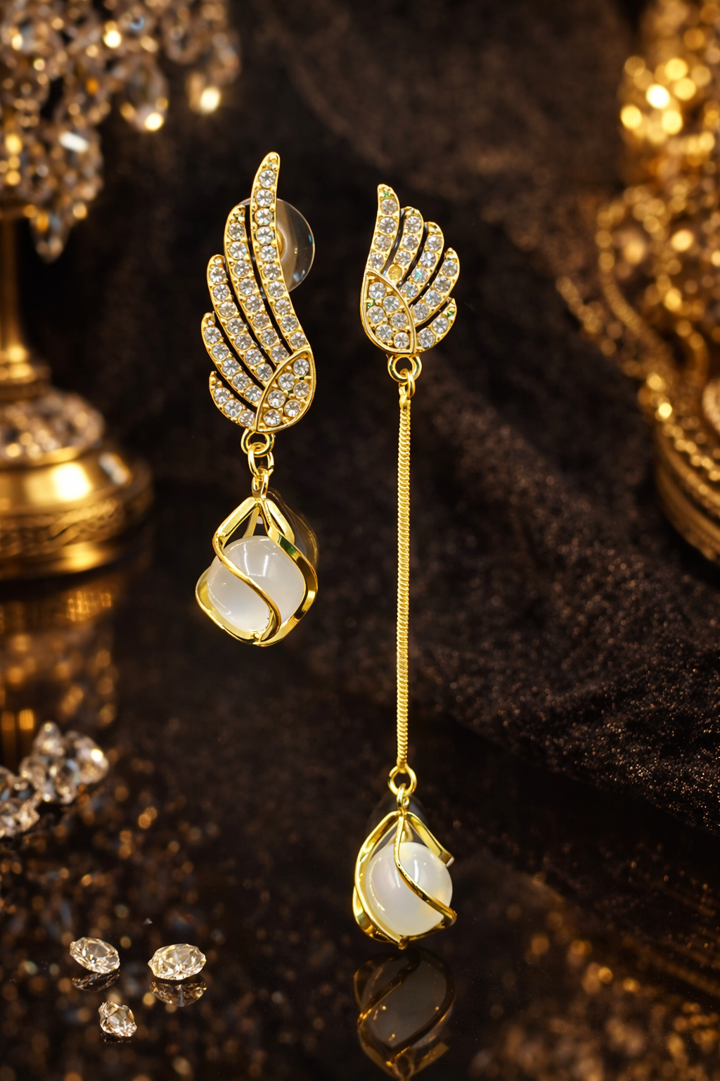 Golden Feather Pearl Drop Earrings – Asymmetrical Crystal Wing Statement Jewelry