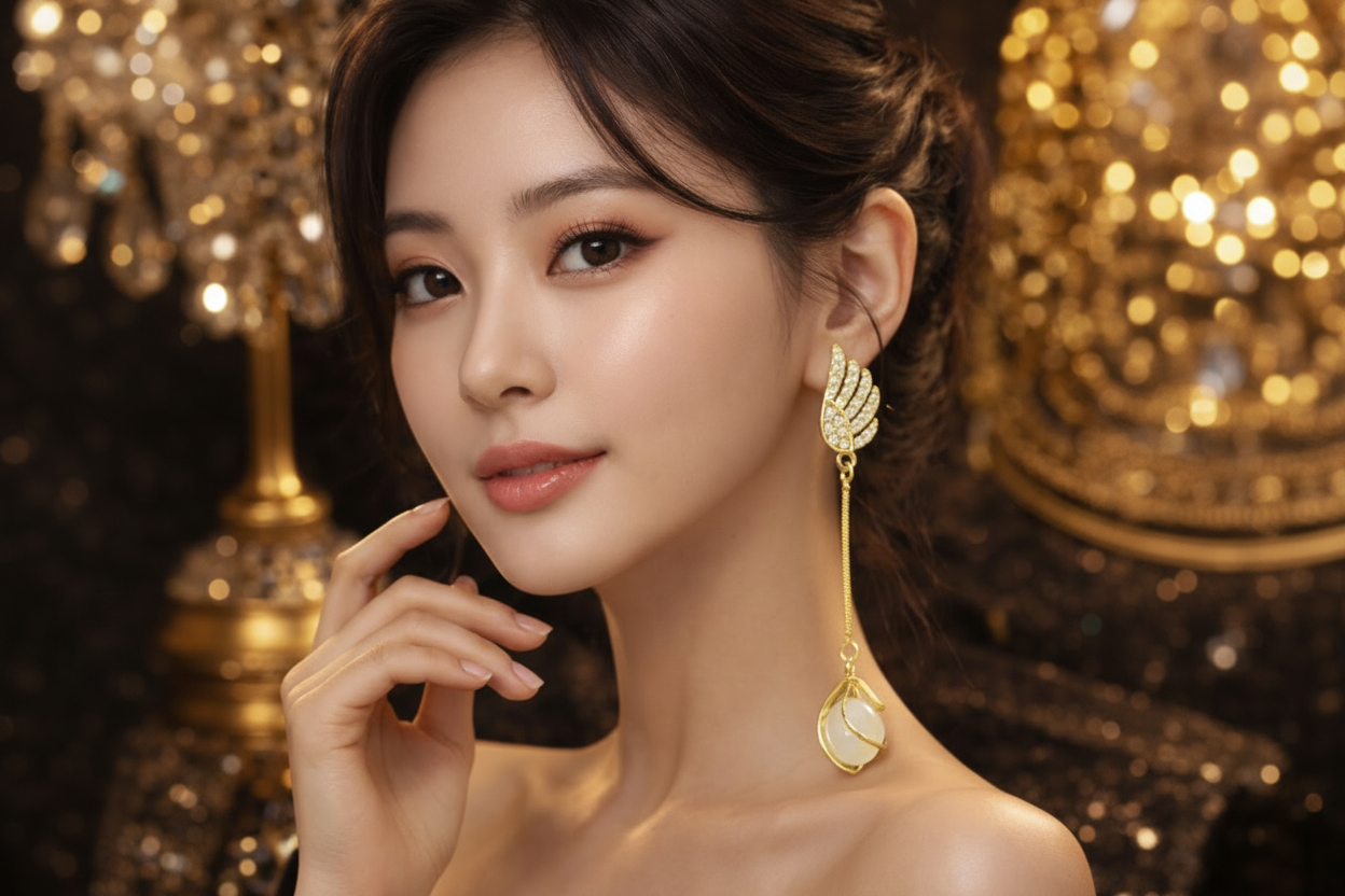 Golden Feather Pearl Drop Earrings – Asymmetrical Crystal Wing Statement Jewelry