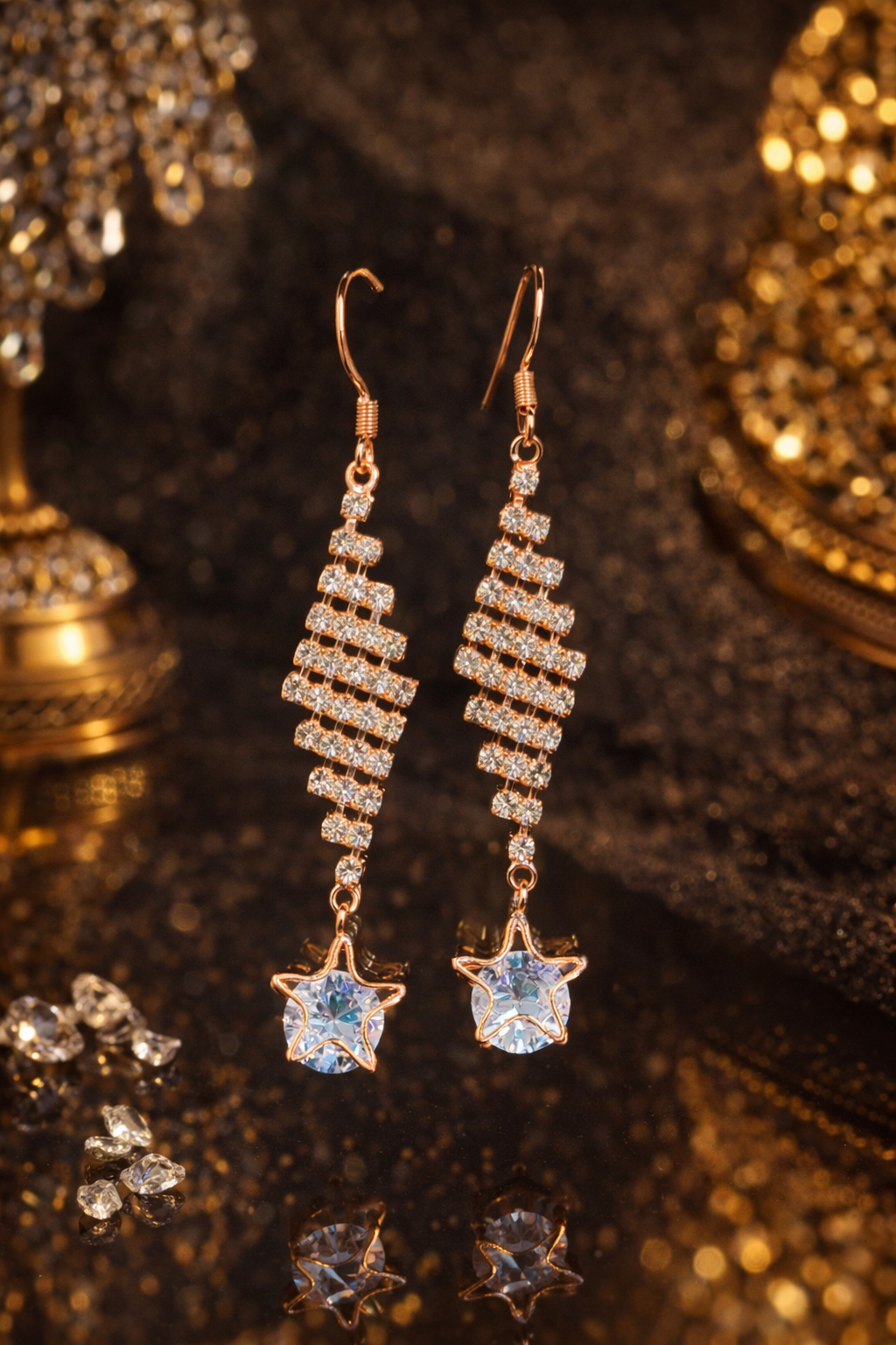 Celestial Sparkle Star Drop Earrings – Rose Gold Crystal Statement Jewelry