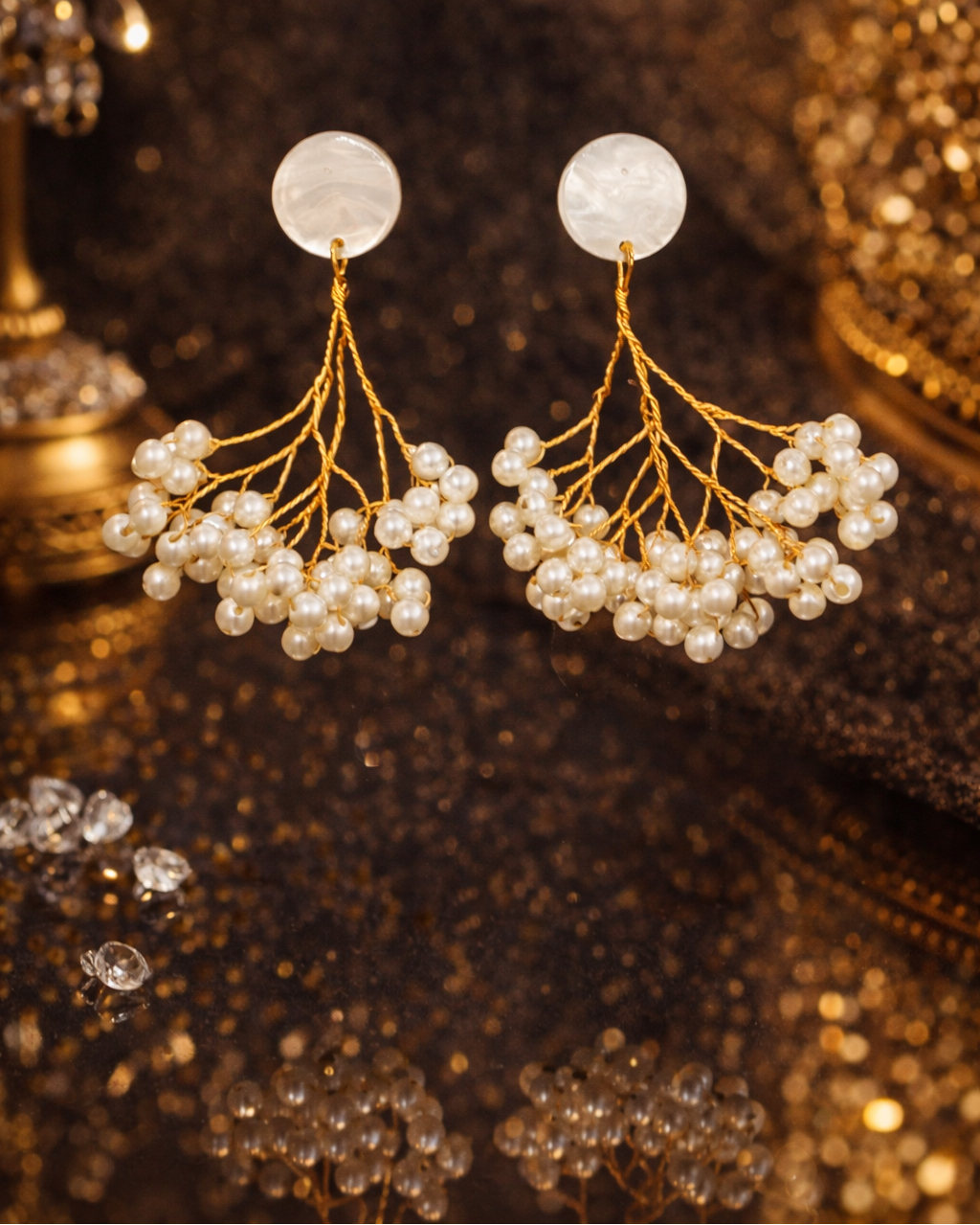 Golden Pearl Vine Drop Earrings – Elegant Branch Cluster Statement Jewelry