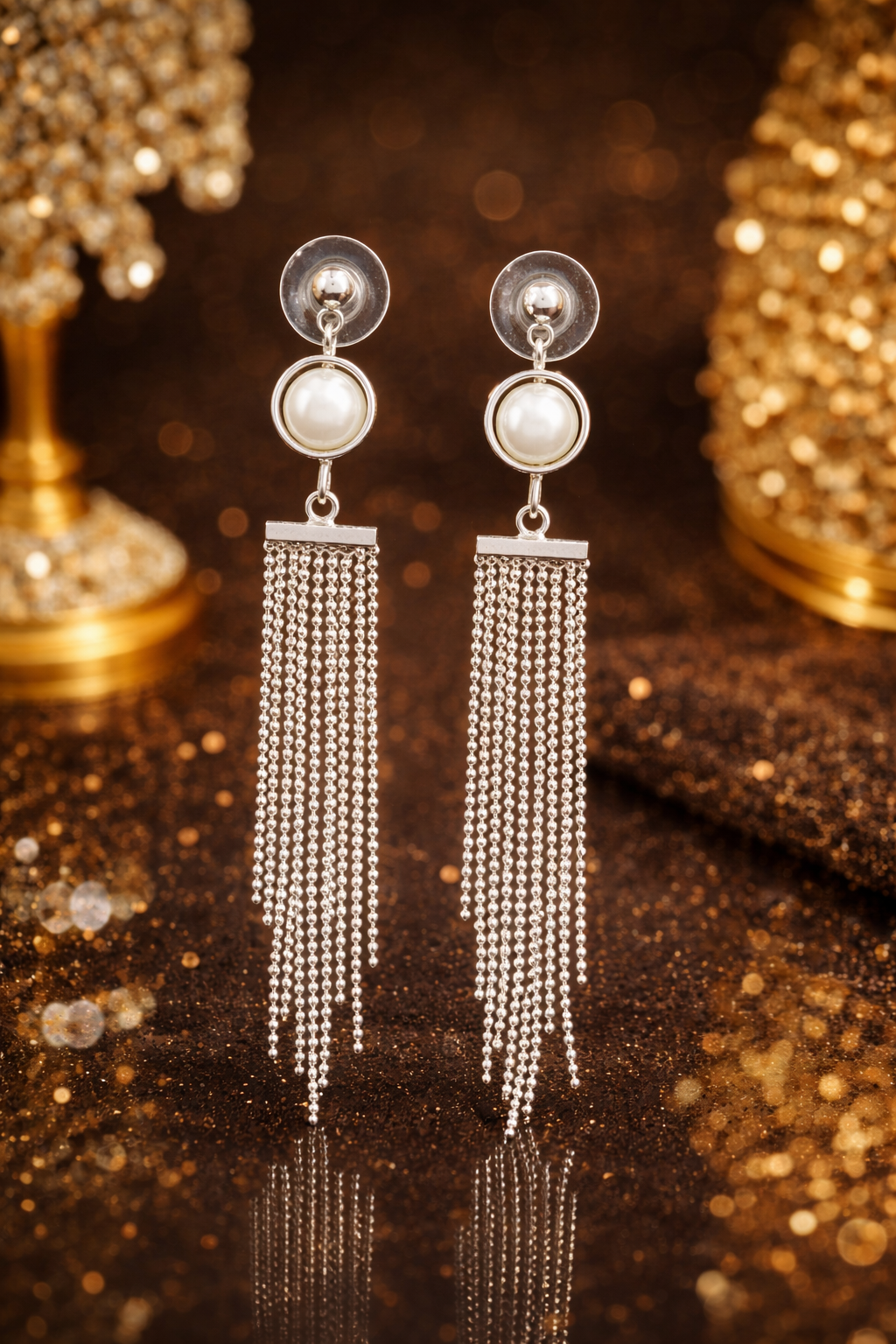 Silver Pearl Tassel Drop Earrings – Elegant Fringe Statement Jewelry