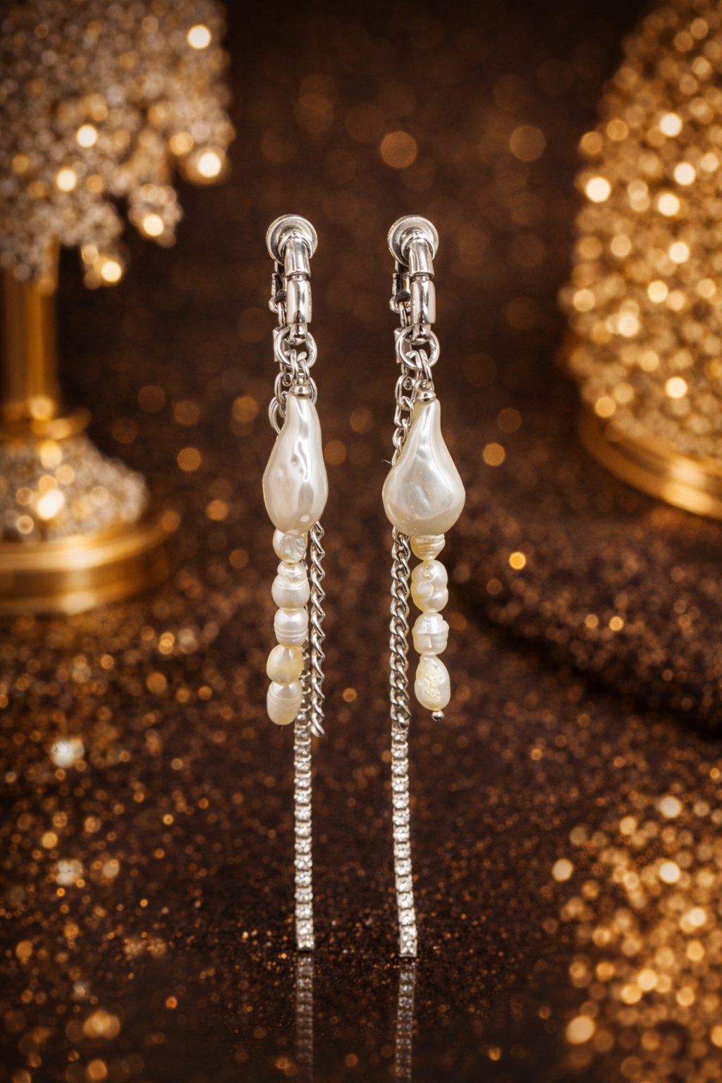 Silver Baroque Pearl Chain Drop Earrings – Asymmetrical Statement Jewelry