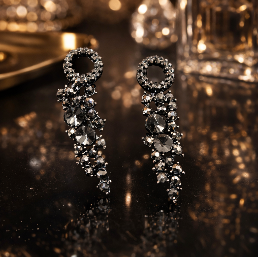 Noir Luxe Crystal Cascade Earrings – Black Diamond Statement Drops