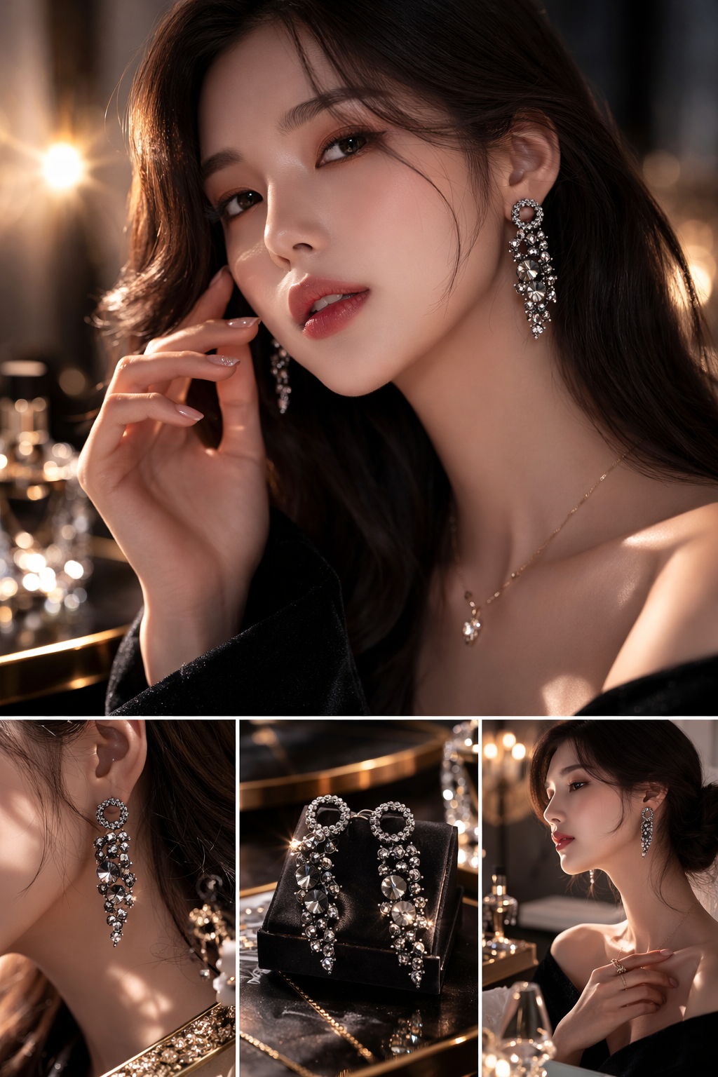 Noir Luxe Crystal Cascade Earrings – Black Diamond Statement Drops