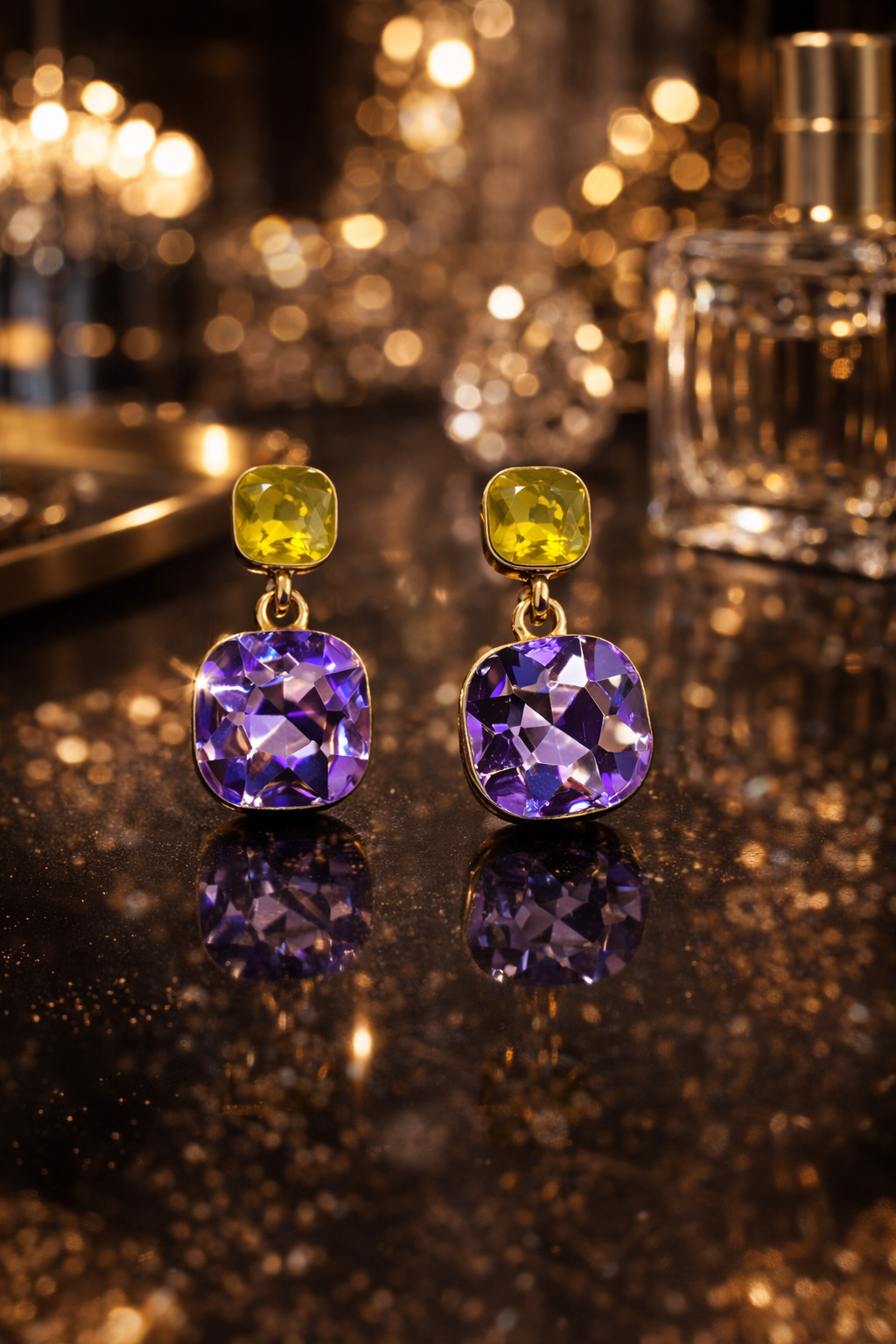 Royal Radiance Dual-Tone Gemstone Drop Earrings – Purple & Lime Crystal Gold Finish