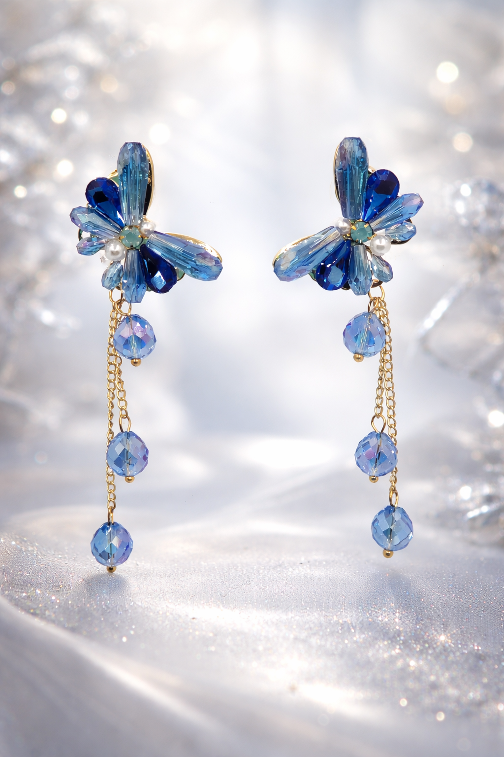 Blue Floral Gold-Toned Crystal Drop Earrings for Women | Anti-Tarnish Statement Party & Wedding Jewelry LoveSERI