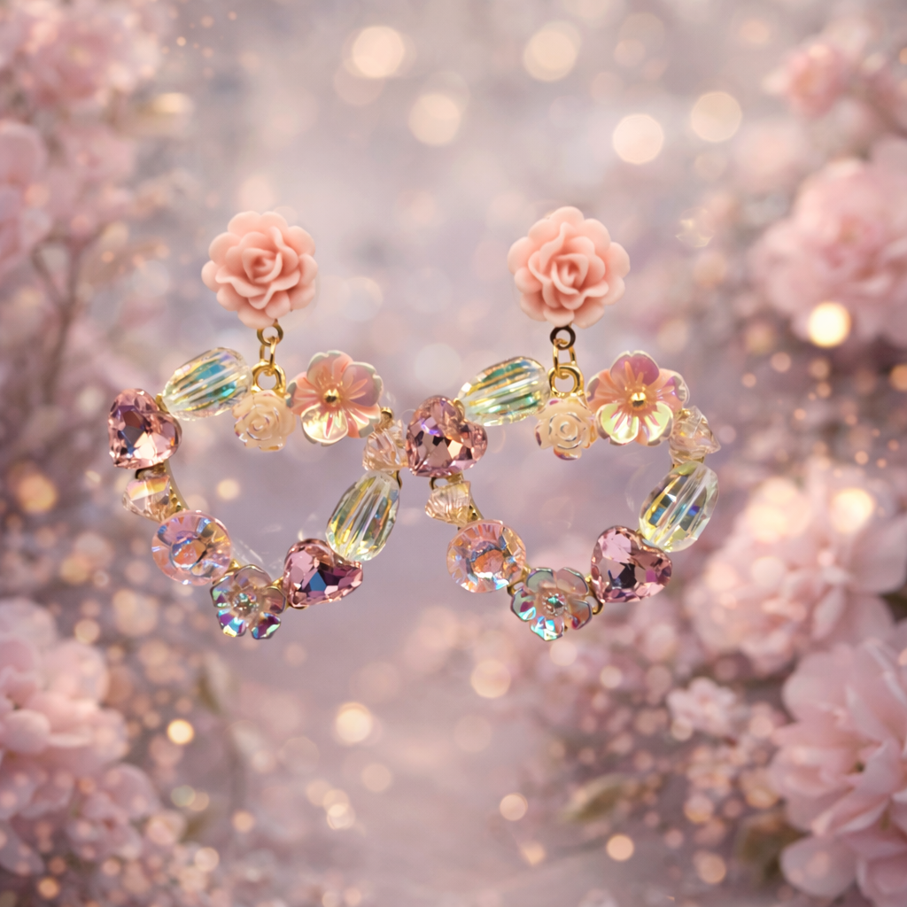 Pastel Floral Crystal Hoop Earrings | Pink Rose Statement Earrings for Women|LoveSERI