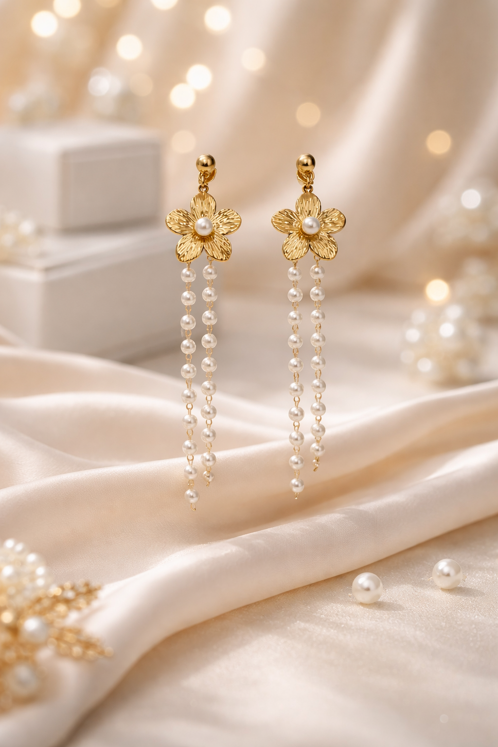 Gold Flower Pearl Drop Earrings | Long Dangle Bridal & Wedding Jewelry|LoveSERI