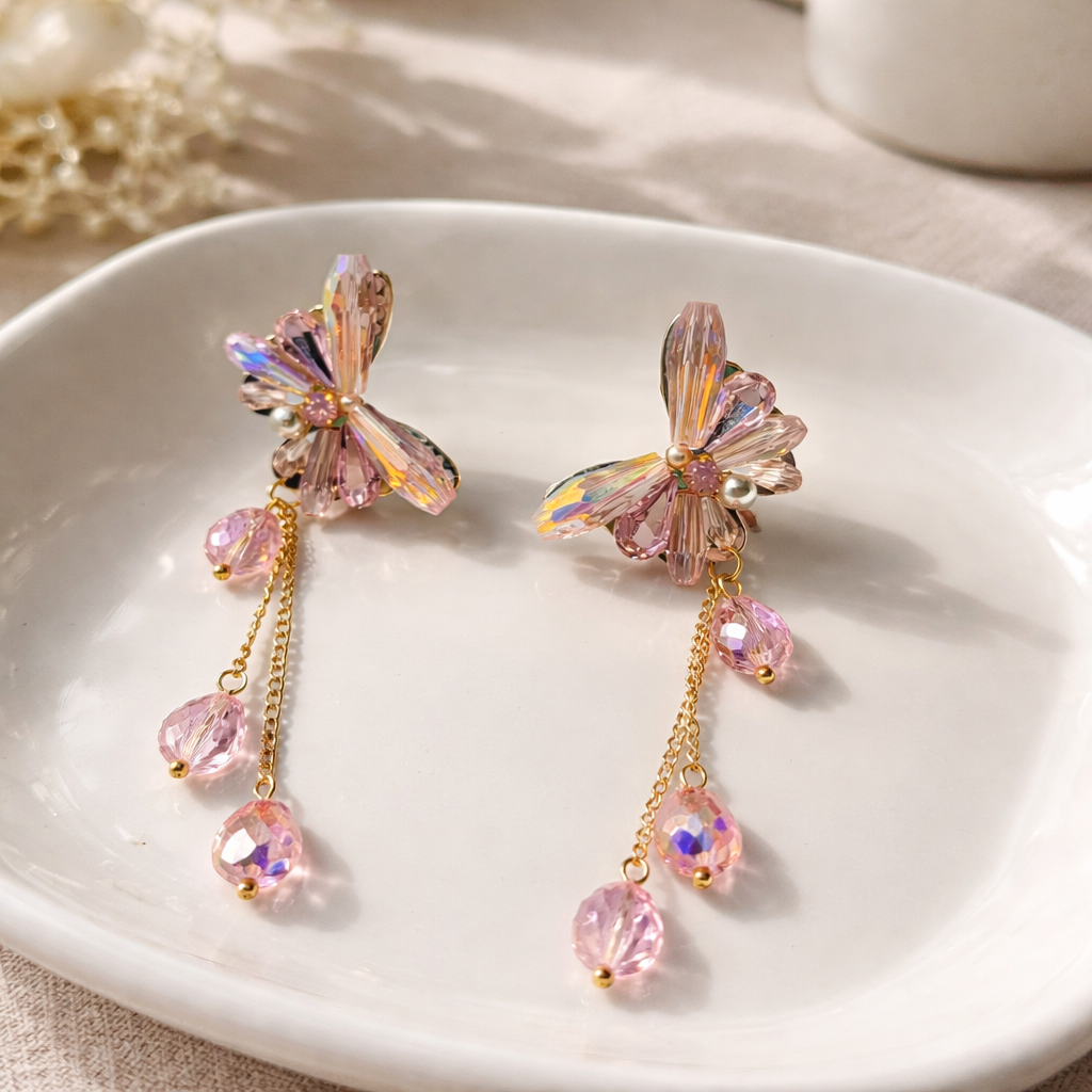 Pink Crystal Butterfly Drop Earrings | Iridescent Gold Dangle Statement Jewelry