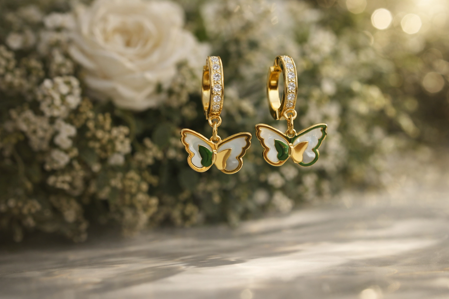 Golden Butterfly Charm Hoop Earrings – White & Green Enamel