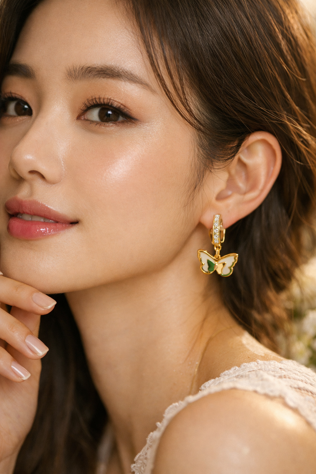 Golden Butterfly Charm Hoop Earrings – White & Green Enamel