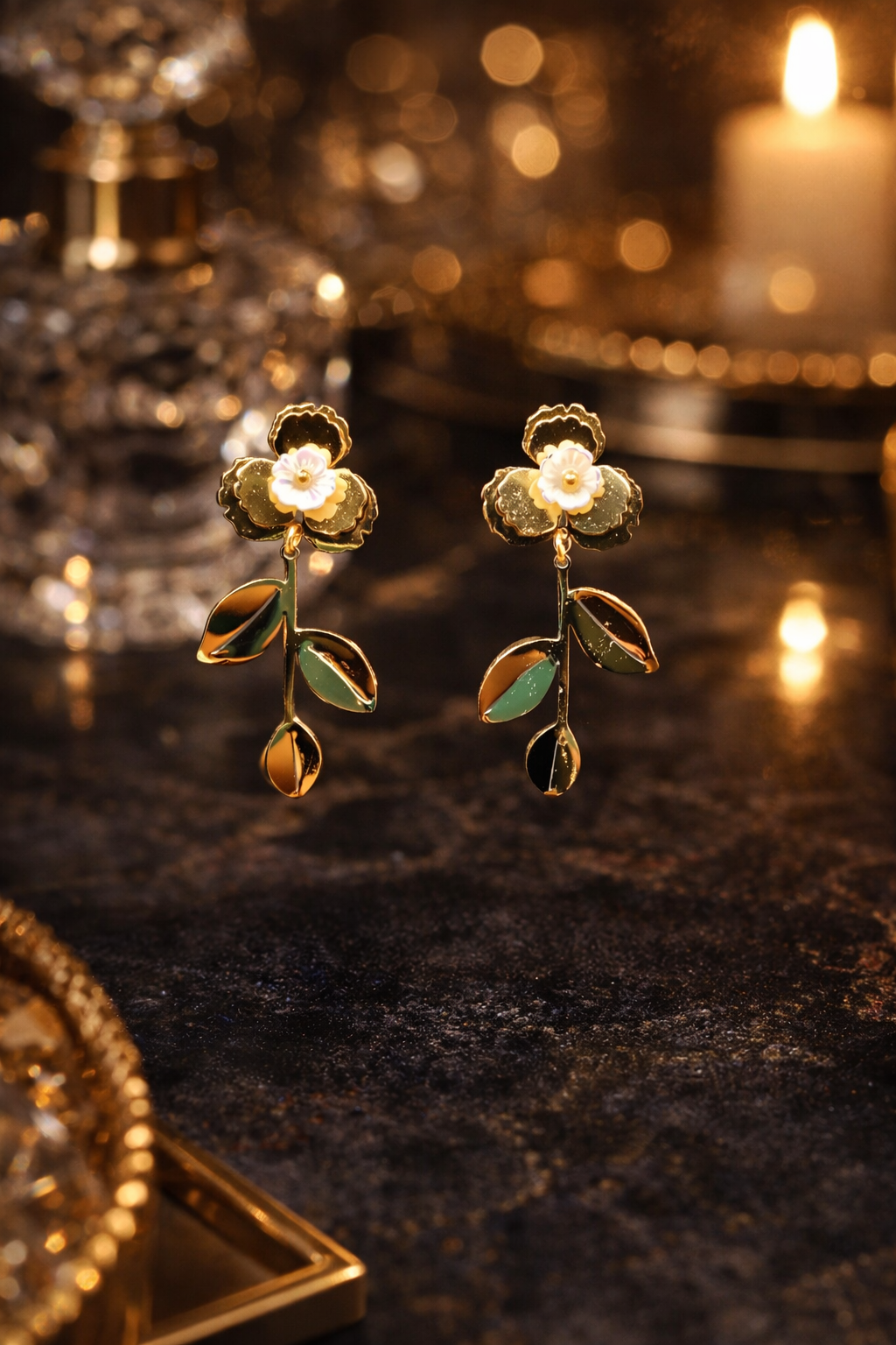Golden Floral Drop Earrings with Green Enamel Leaves